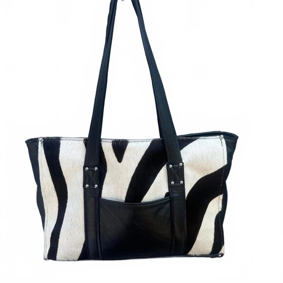 CIMMARON Zebra Black and White Haircalf Leather Large Tote Shoulder Bag - Picture 2 of 9